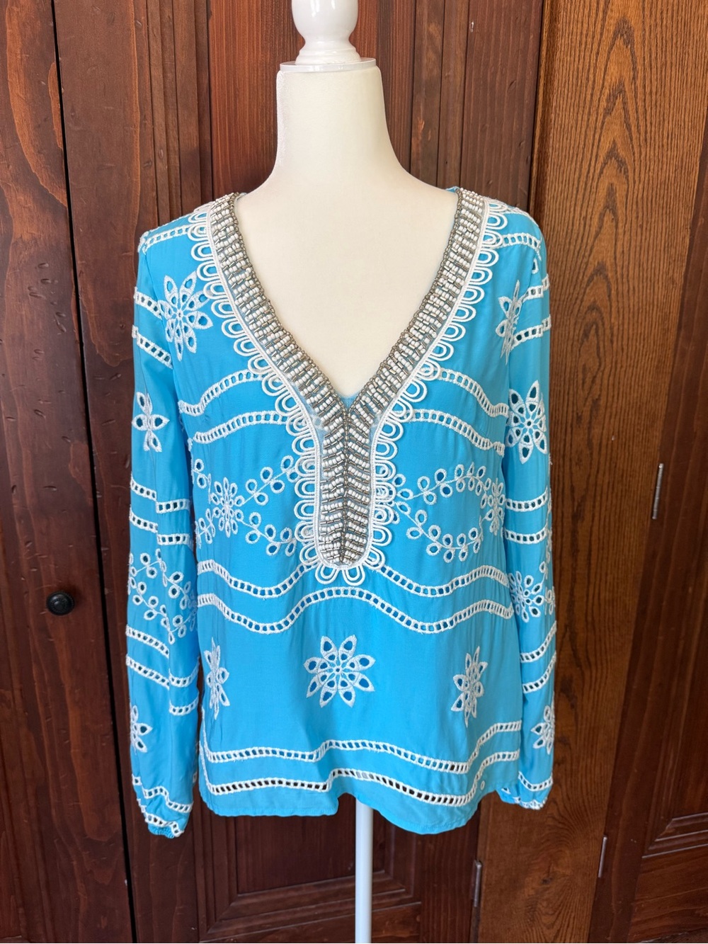 Boston Proper Blue Tunic with Beading and Lace - Size M